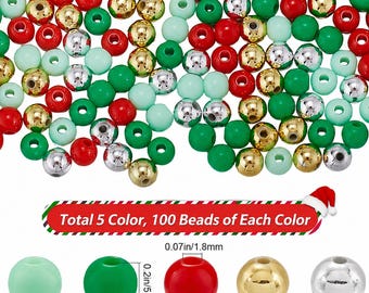 Christmas Pony Beads Mix, 500 Christmas Craft Beads, Red Green Mint Gold Silver Beads, 6mm Plastic Beads, DIY Jewelry Making, Holiday Crafts