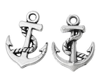 10 Small Anchor Charms Antique Silver Tone 2 Sided