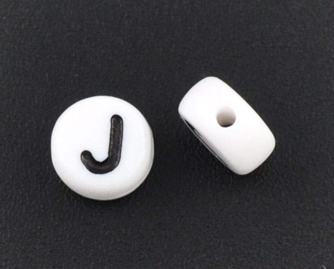 Letter J Beads 7mm, Black & White Alphabet Beads, Acrylic Letter Beads