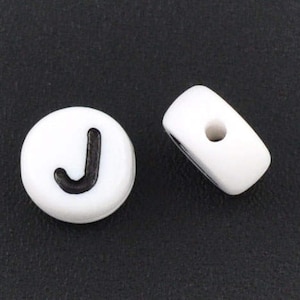 Letter J Beads 7mm, Black & White Alphabet Beads, Acrylic letter beads, Spacer Beads 7mm