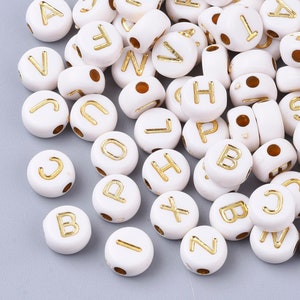 7mm Gold and White Alphabet Beads, Name beads, Letter A-Z Round Beads 7mm image 1