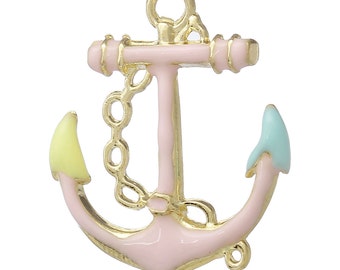 5 Anchor Charms, Beach Charms, Nautical Charms, Pink Anchor Charm, Jewelry Making Supply, Pink Enamel Charms, Bulk Charms