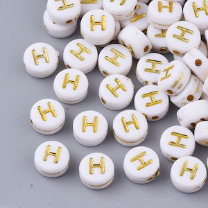Letter H Beads, 7mm Gold and White Alphabet Beads