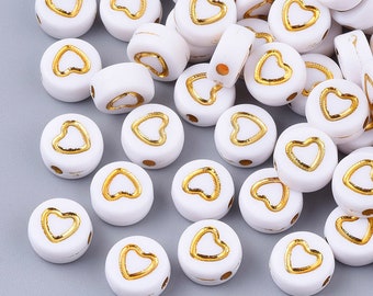 Gold and White Acrylic Heart Beads 7mm, Letter Beads