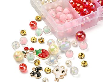 Kawaii Bracelet Making Kit, Pearl Candy Rabbit Beads, Charms (Strawberry, Cat)