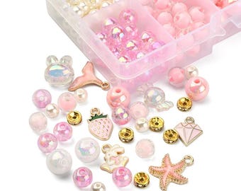 Pink Kawaii Bracelet Making Kit, Pearl, Candy Beads, Whale Tail Charms, Stretch Jewelry