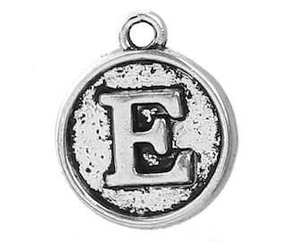 Letter E Charms Antique Silver Tone, Round Initial Charms