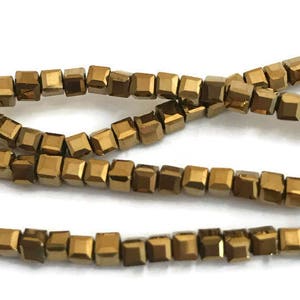 Metallic Gold Cube Beads, Glass Beads, Small Cube Beads 2mm or 3mm