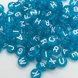 Blue/Aqua & White Alphabet Beads, 7mm Acrylic letter beads, ABC letter beads, Name beads