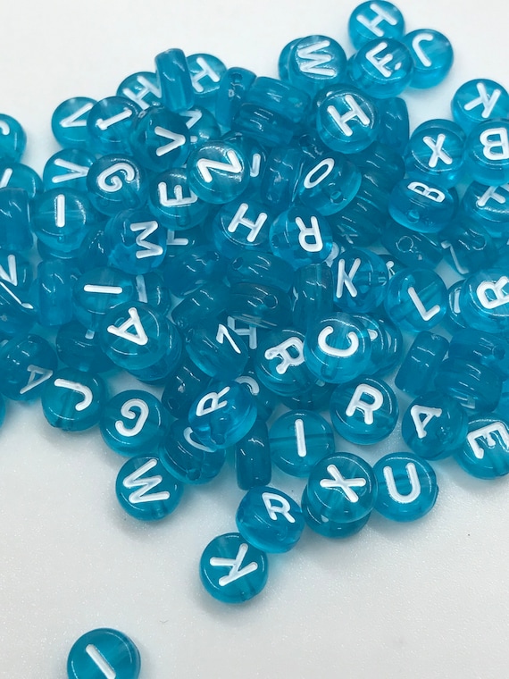 Blue/Aqua & White Alphabet Beads, 7mm Acrylic letter beads, ABC letter beads, Name beads