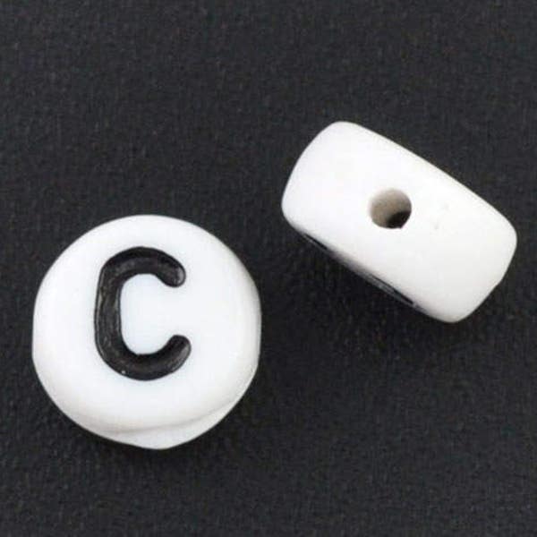 Letter C Beads 7mm, Black & White Alphabet Beads, Acrylic letter beads, Spacer Beads 7mm, 8330