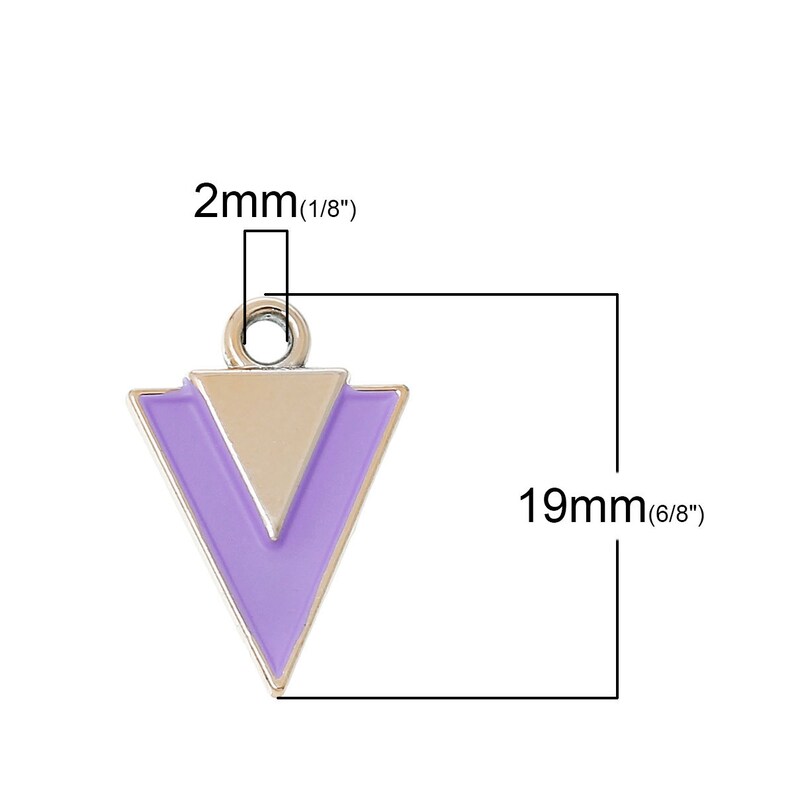 May include: A purple and silver triangle charm with a loop at the top. The charm is 19mm (6/8 inches) tall and 2mm (1/8 inch) wide.