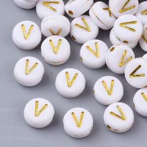 Gold Letter V Beads, 7mm Gold and White Alphabet Beads