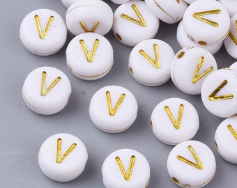 Gold Letter V Beads, 7mm Gold and White Alphabet Beads