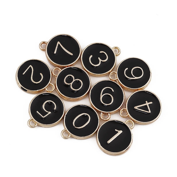 Black and Gold Enamel Number Charms 1 Set 0-9, Cup Charms