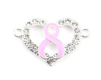 3 Pink awareness ribbon connector charms, breast cancer awareness charm, pink ribbon jewelry, cancer survivor