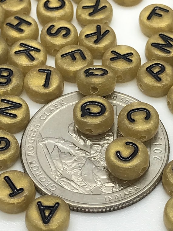 100 Gold and Black 7mm Alphabet Beads, Acrylic Metallic Letter Beads J6
