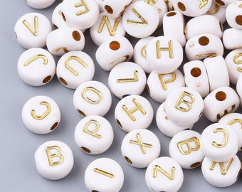 7mm Gold and White Alphabet Beads, Name beads, Letter A-Z Round Beads 7mm