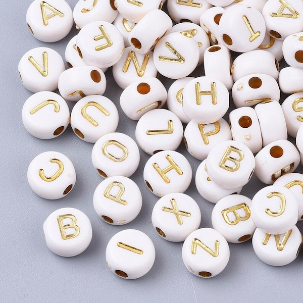 7mm Gold and White Alphabet Beads, Name beads, Letter A-Z Round Beads 7mm