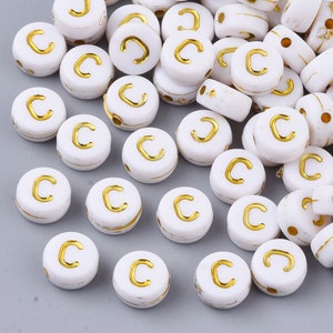 Gold Letter C Beads, 7mm Gold and White Alphabet Beads
