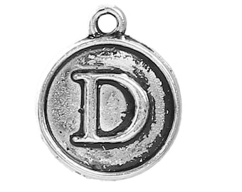 Letter D Charms Antique Silver Tone, Round Initial Charms