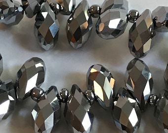 100 Silver tear drop faceted glass bead 6x12mm, silver metallic faceted glass beads