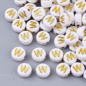 Letter W Beads, 7mm Gold and White Alphabet Beads