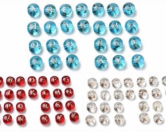 8mm Glass Alphabet Beads, 1 Set A-Z Double Sided, Red, Clear or Blue