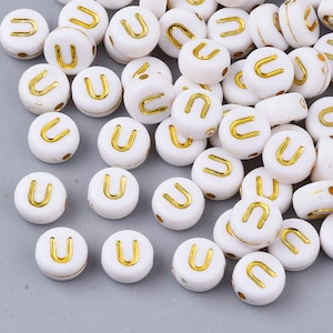 Letter U Beads, 7mm Gold and White Alphabet Beads