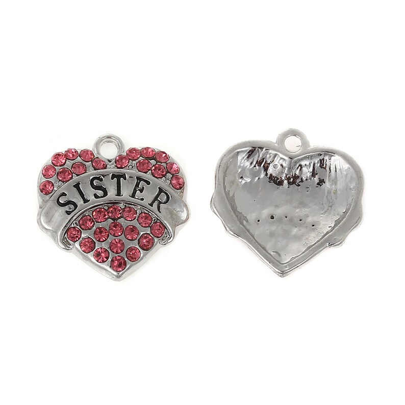 2 Pink Rhinestone Sister Heart Charms 20mm 716 | Etsy