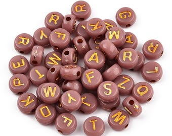 Mauve and  Gold Acrylic Alphabet Beads, 7mm Name Bracelet Charms