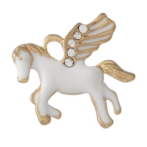 5 Pegasus charm, white enamel rhinestone gold plated winged horse