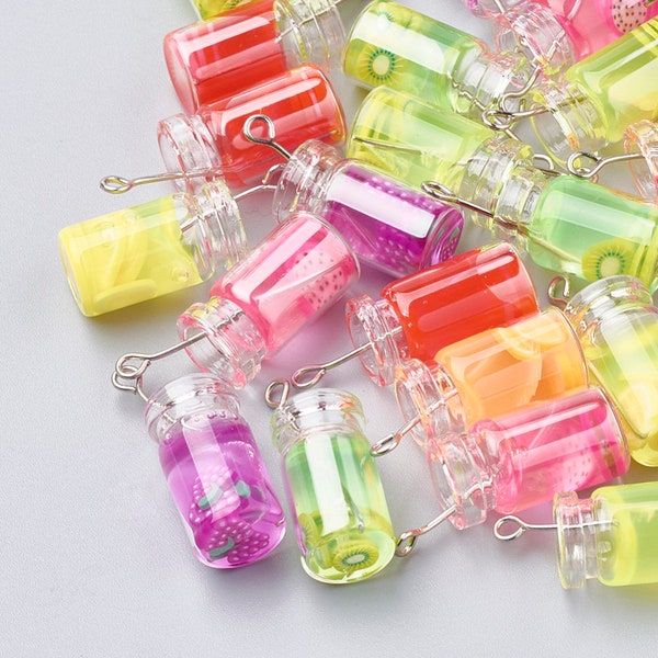 10 Fruit Glass Bottle Pendants, Resin Drink Charms