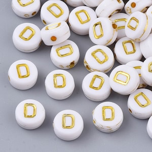 Letter D Beads, 7mm Gold and White Alphabet Beads