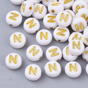 Gold Letter N Beads, 7mm Gold and White Alphabet Beads