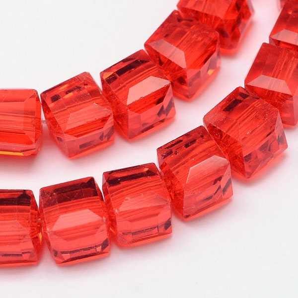 Red Cube Beads, 6mm Transparent Faceted Square Glass Beads