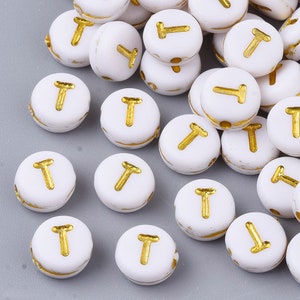 Letter T Beads, 7mm Gold and White Alphabet Beads