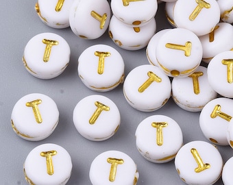 Letter T Beads, 7mm Gold and White Alphabet Beads