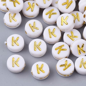 Gold Letter K Beads, 7mm Gold and White Alphabet Beads