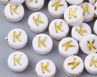 Gold Letter K Beads, 7mm Gold and White Alphabet Beads