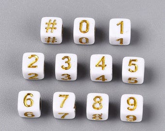 Cube Acrylic Number Beads, 6mm Gold Cube Number Beads