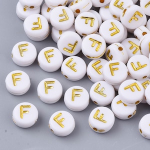 Letter F Beads, 7mm Gold and White Alphabet Beads