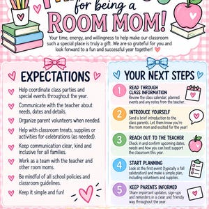 Op de afbeelding: Een kleurrijke informatie flyer getiteld THANK YOU for being a ROOM MOM! met illustraties van boeken, potloden en een appel. Het document beschrijft verwachtingen en volgende stappen voor klassenhulp op een roze geruite achtergrond.