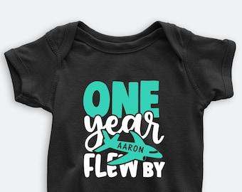 First Birthday Bodysuit with Airplane. Personalized Baby One piece with year one and Custom Name in the airplane. Aircraft Birthday Tees.