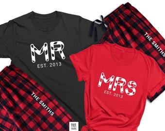 Mr. & Mrs. Couple Christmas Pajamas | Personalized Couple Matching Pajamas | Holiday Pajamas for Husband, Wife | Newlywed Christmas Gift
