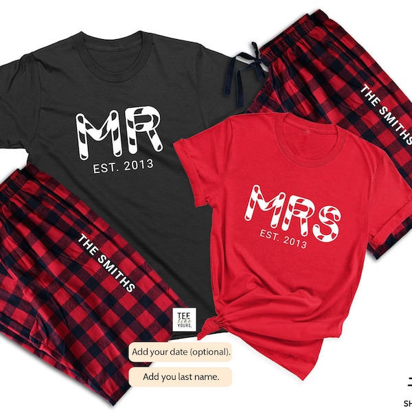 Mr. & Mrs. Couple Christmas Pajamas | Personalized Couple Matching Pajamas | Holiday Pajamas for Husband, Wife | Newlywed Christmas Gift