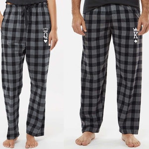 King & Queen - Matching Couple Pajamas, Gift for him, Anniversary present for couples, Newlyweds gift, Plaid Pajama Pants with Pockets -CH/B