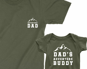 Papa aventure et copain d'aventure de papa. Cadeau fête des pères 2026. Chemises assorties pour papa, bébé, bambin et adolescent. Chemises père fils