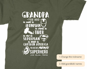 Personalized Grandpa T-shirt With Grandkids Names, Grandpa's Birthday Gift, Father's Day gift for Grandpa from grandkids | SUPERHERO | M GRN