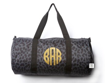 Monogram Weekender Overnight Travel Bag, Personalized Black Cheetah Print Luggage Duffle Bag, Canvas Initials Weekender Bag, Birthday Gift